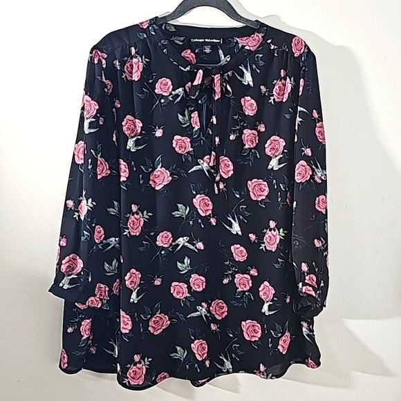 Catherine Malandrino blouse, size 2X. Black with roses and lovely blue birds. - Picture 1 of 12